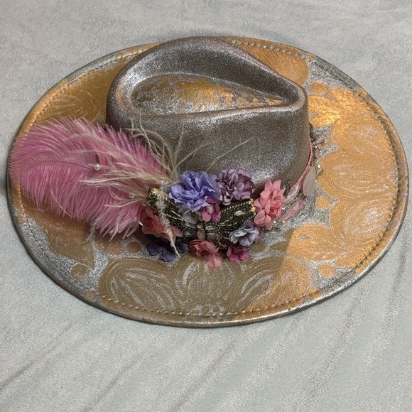 Hand Painted Boho Glam Festive Hat • Feather• Rhinestone • Butterfly • Floral - Picture 4 of 11